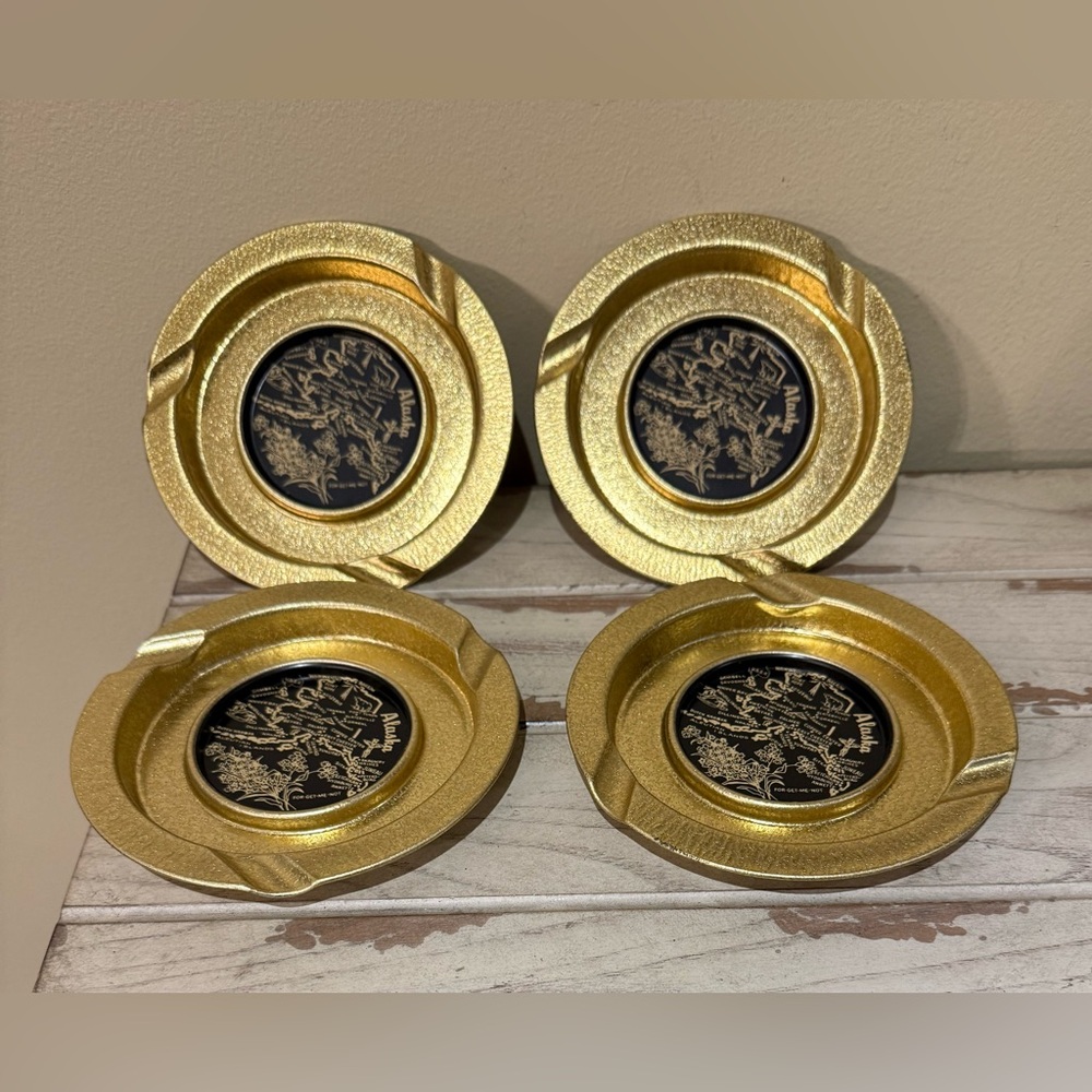 MCM Alaska Gold Toned Aluminum Souvenir Ashtrays Set of 4